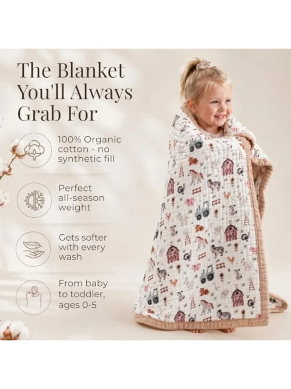 Luxurious Organic Cotton Muslin Baby Blanket - Soft Toddler Quilt for Swaddling